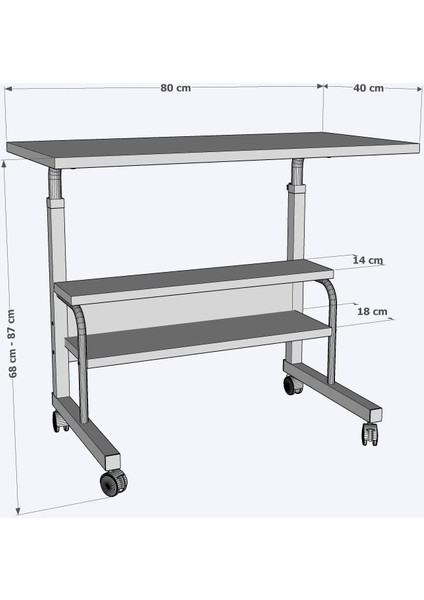 80X40 Yükseklik Ayarlı Raflı Kilitli Tekerlekli Taşınabilir Laptop Sehpası ve Çalışma Masası