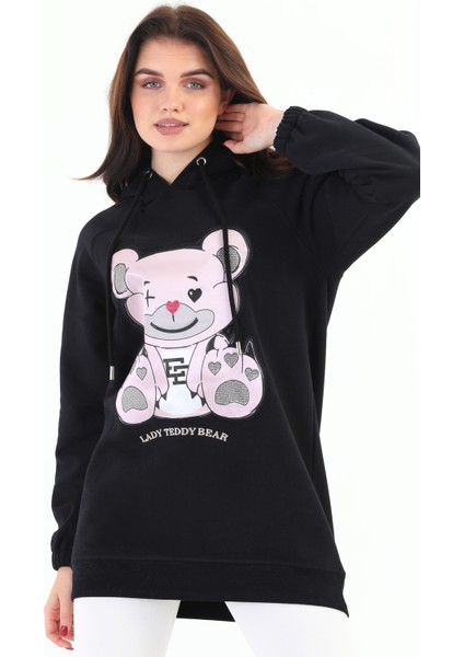 Siyah Lady Teddy Bear Organik Kapüşonlu Kadın Sweatshirt