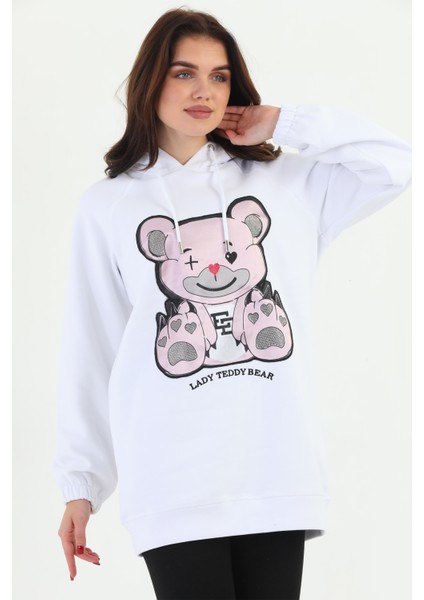 Beyaz Lady Teddy Bear Organik Kapüşonlu Kadın Sweatshirt