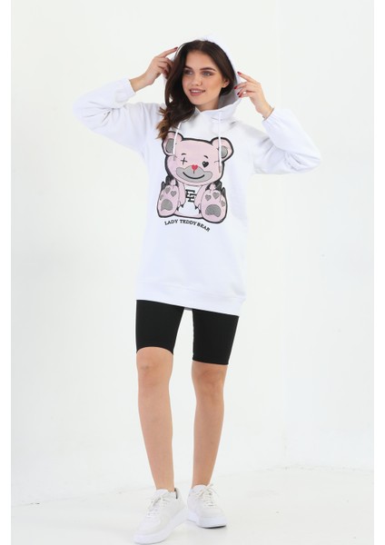 Beyaz Lady Teddy Bear Organik Kapüşonlu Kadın Sweatshirt