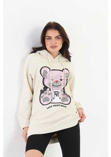 Bej Lady Teddy Bear Organik Kapüşonlu Kadın Sweatshirt