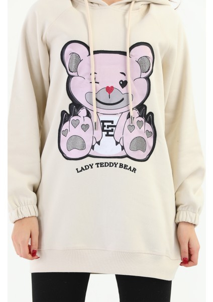 Bej Lady Teddy Bear Organik Kapüşonlu Kadın Sweatshirt