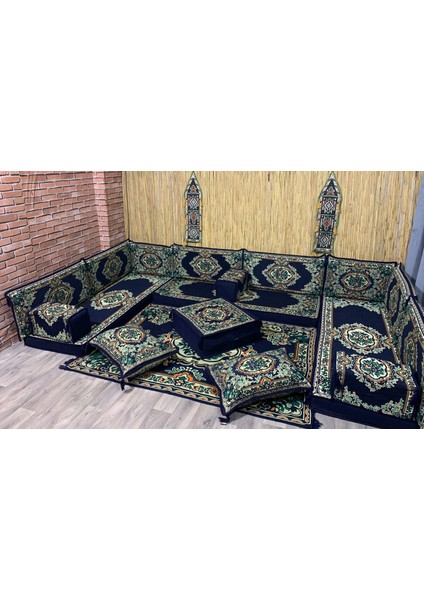 Şark Köşesi Minder, Kilim, Orta Puf, Heybe Çanta Takımı Konsept Lacivert 20 Parça