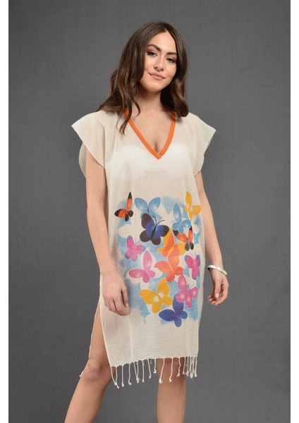 Plaj Elbisesi- Yakalı Renkli Kelebekler 36/38 Yakalı Çiçek fiyatları