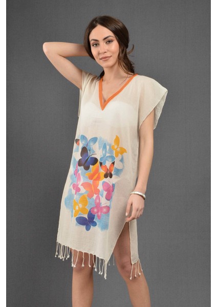 Plaj Elbisesi- Yakalı Renkli Kelebekler 36/38 Yakalı Çiçek modelleri