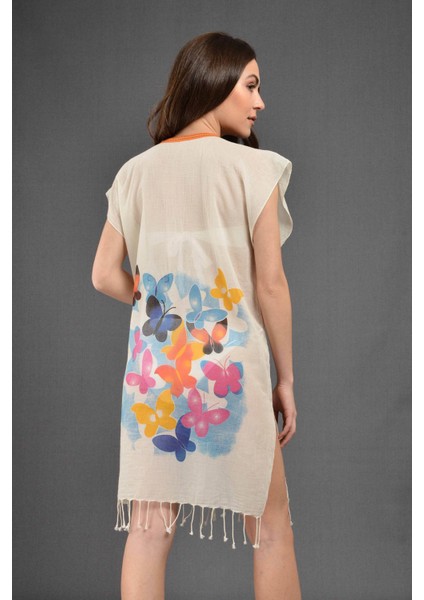 Plaj Elbisesi- Yakalı Renkli Kelebekler 36/38 Yakalı Çiçek fırsatları
