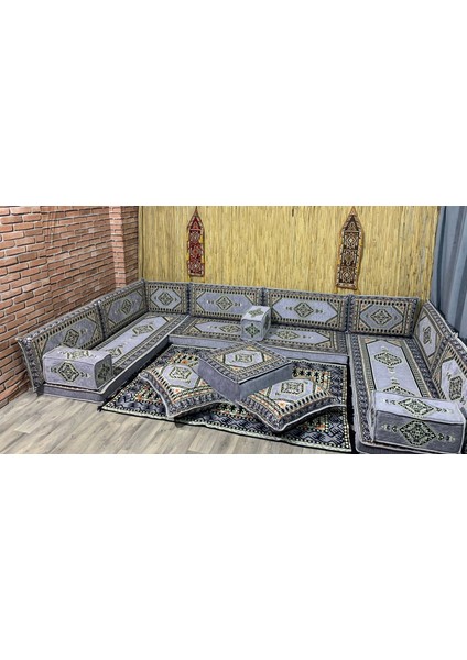 Şark Köşesi Minder, Kilim, Orta Puf, Heybe Çanta Takımı Konsept Gri 20 Parça