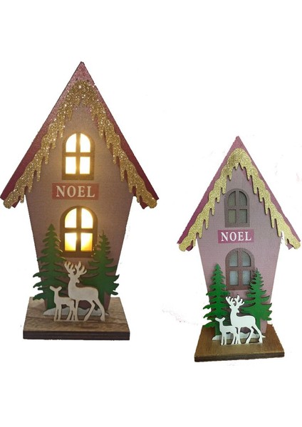 1 Adet Yılbaşı Gün Işığı LED Işıklı Ahşap Ev Şeklinde Geyik Figürlü Dekor Süs 25 x 15 cm