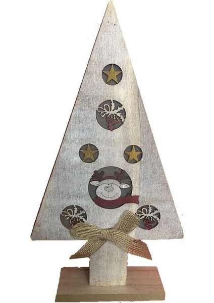 1 Adet Yılbaşı Gün Işığı LED Işıklı Ahşap Noel Ağacı Şeklinde Geyik Figürlü Dekor Süs 30 x 14 cm