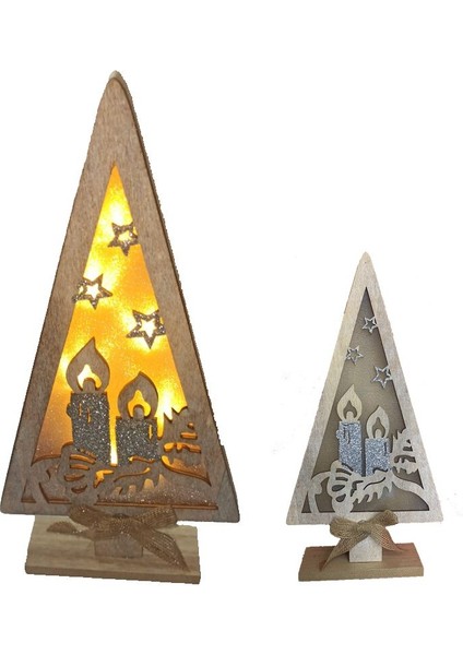 1 Adet Yılbaşı Gün Işığı LED Işıklı Ahşap Noel Ağacı Şeklinde Noel Mumu Figürlü Dekor Süs 30 x 14 cm