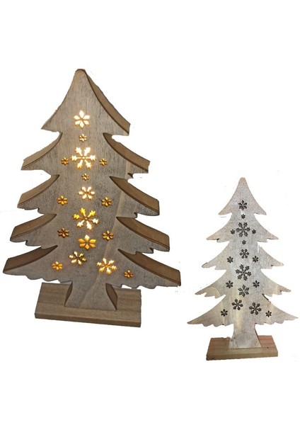 1 Adet Yılbaşı Gün Işığı LED Işıklı Ahşap Noel Ağacı Şeklinde Kar Tanesi Figürlü Dekor Süs 30 x 14 cm