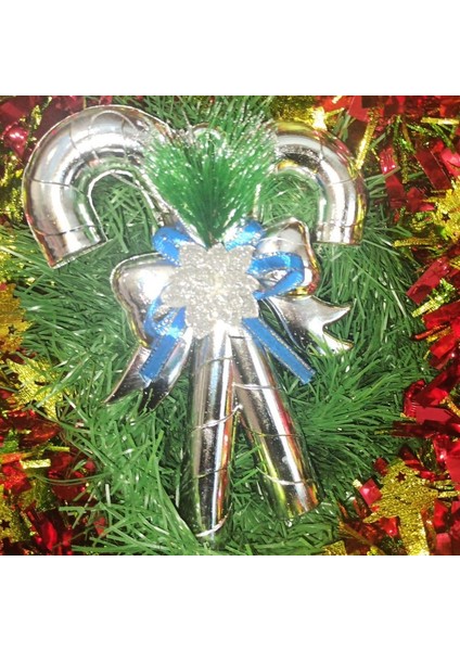 Yılbaşı Süsleme Gümüş Renk Süslü Fiyonk Şeklinde Baston Süs 1 Adet