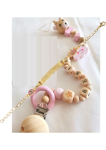 Isimli Bebek Emzik Zinciri ve Pembe Taşlı Bebek Künyesi