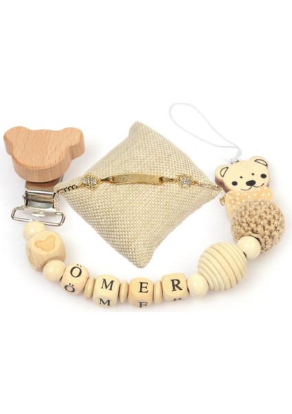 Isimli Bebek Emzik Zinciri ve Beyaz Taşlı Bebek Künyesi