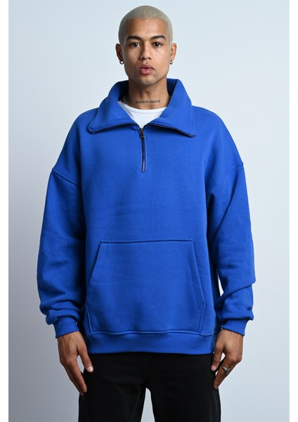 R-5672 Erkek Kanguru Cep Yarım Fermuar Detaylı 3 Iplik Sweat