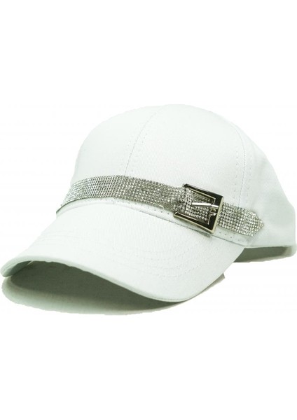Beyaz Swarovski Taşlı Kemer Detaylı Güneş Şapkası
