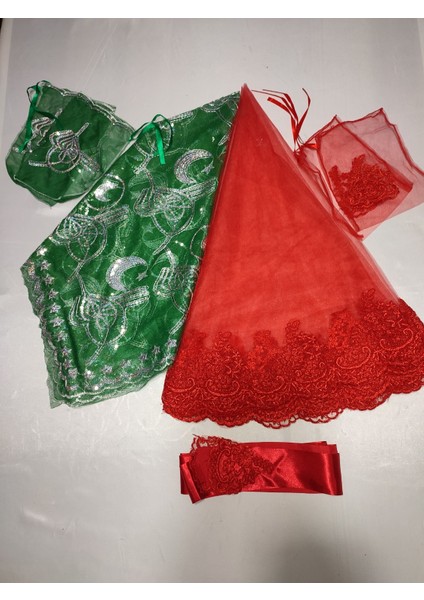 Kırmızı Dantelli Gelin ve Tuğra Damat Kına Örtüsü Eldiveni ve Kemeri ile Kına Özel Paket Seti