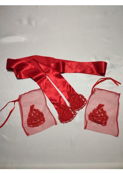 Kırmızı Dantelli Gelin ve Tuğra Damat Kına Örtüsü Eldiveni ve Kemeri ile Kına Özel Paket Seti