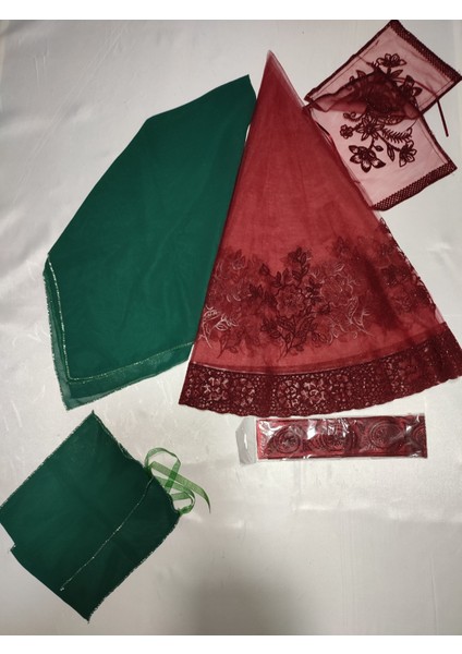 Bordo Simli Gelin ve Kumaş Damat Kına Örtüsü Eldiveni ve Kemeri ile Kına Özel Paket Seti