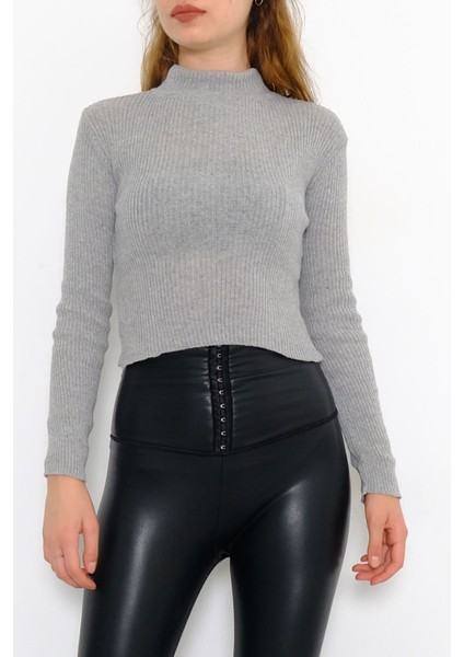 Kadın Yarım Balıkçı Crop Triko Gri Standart modelleri