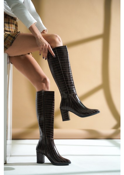 Kleo Kahverengi Krokodil Deri Topuklu Yanı Fermuarlı Günlük Kullanım Çizme fırsatları