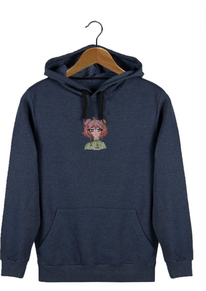 Erkek Indigo Önü Anime Kız Baskılı Kapüşonlu Sweatshirt 22K-5200322-7