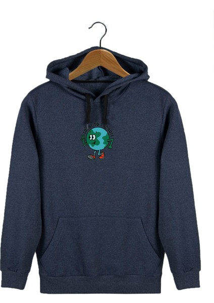 Erkek Indigo Önü Dünya Baskılı Kapüşonlu Sweatshirt 22K-5200322-1