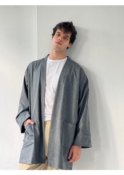 Cepli Kışlık Hırka Kimono Unisex Gri