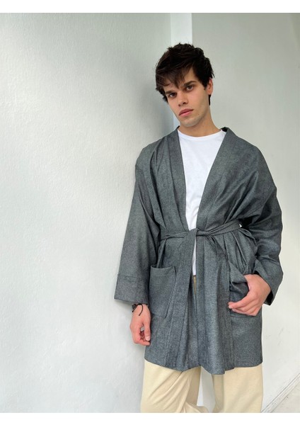 Cepli Kışlık Hırka Kimono Unisex Gri