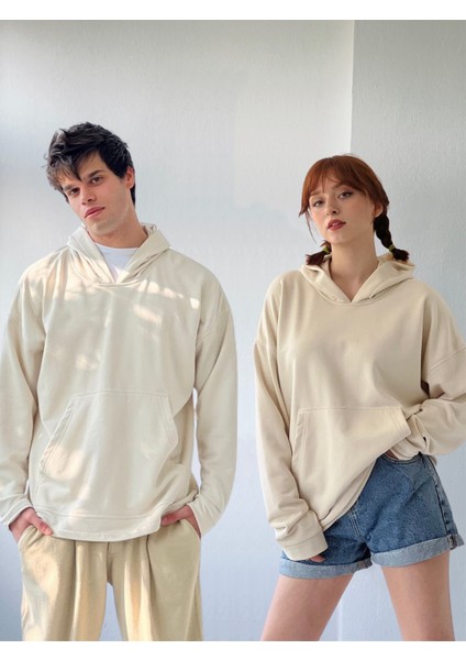 Oversize Basic Kapüşonlu Sweatshirt Erkek Bej