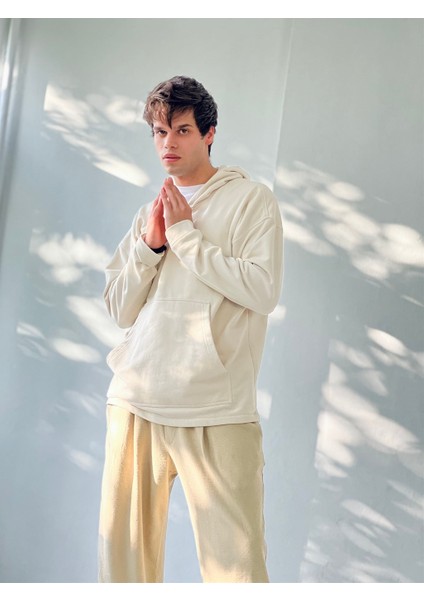 Oversize Basic Kapüşonlu Sweatshirt Erkek Bej