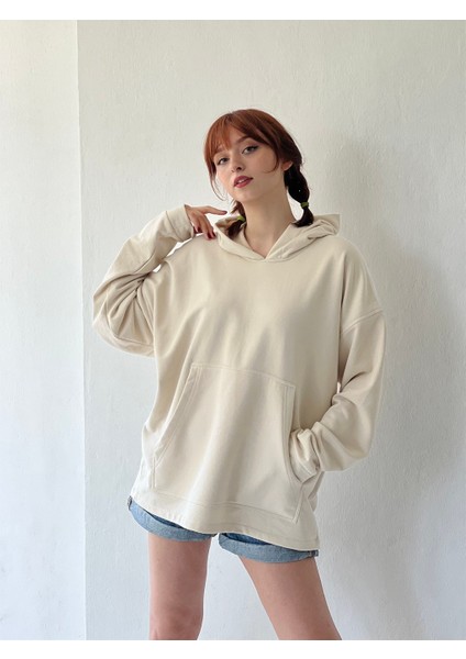 Oversize Basic Kapüşonlu Sweatshirt Erkek Bej