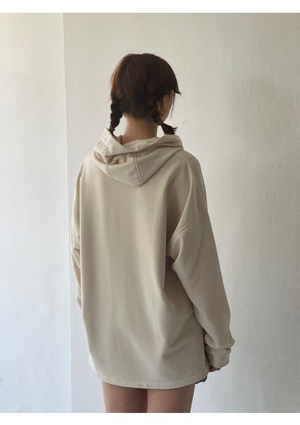 Oversize Basic Kapüşonlu Sweatshirt Erkek Bej