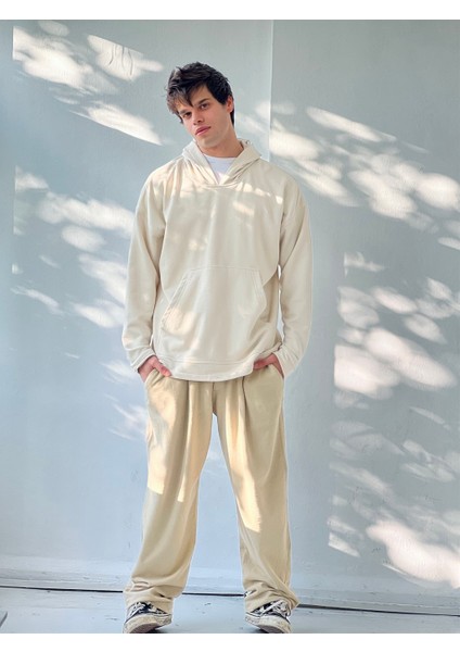Oversize Basic Kapüşonlu Sweatshirt Erkek Bej