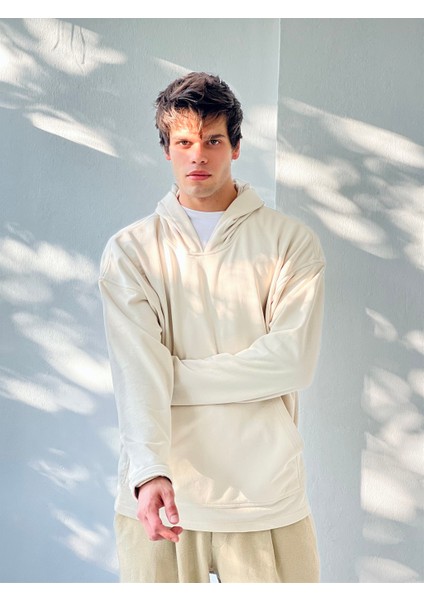 Oversize Basic Kapüşonlu Sweatshirt Erkek Bej