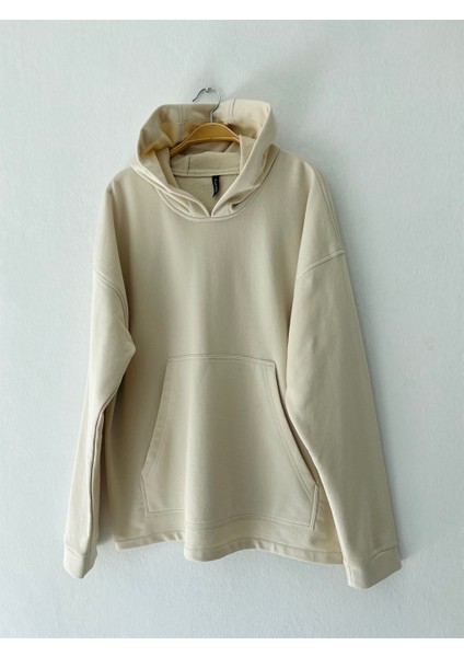 Oversize Basic Kapüşonlu Sweatshirt Erkek Bej