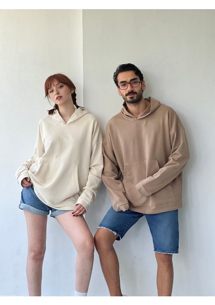 Oversize Basic Kapüşonlu Sweatshirt Erkek Bej