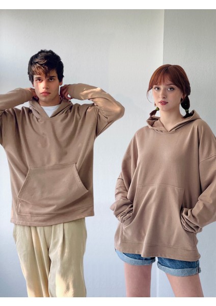 Oversize Basic Kapüşonlu Sweatshirt Erkek Taba