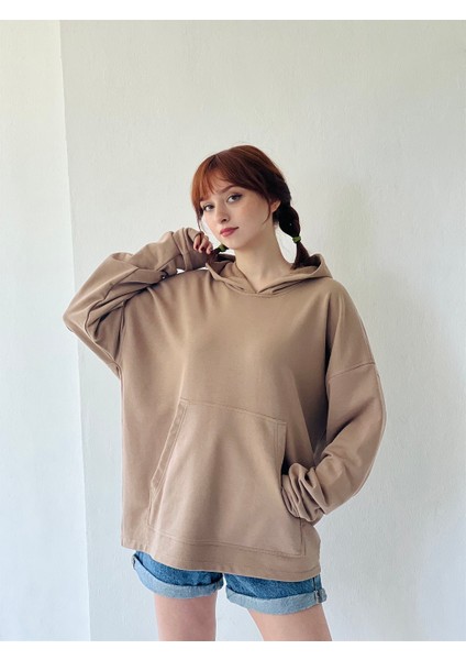 Oversize Basic Kapüşonlu Sweatshirt Erkek Taba