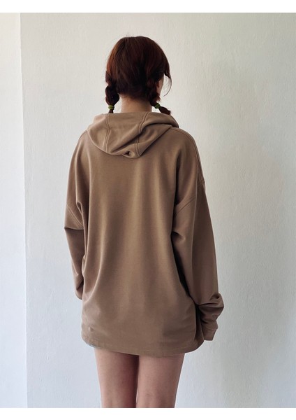 Oversize Basic Kapüşonlu Sweatshirt Erkek Taba