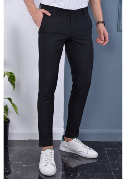 Erkek Siyah Renk Italyan Kesim Slimfit Kumaş Pantolon