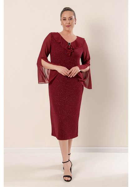 Yaka ve Kollar Şifon Astarlı Likralı Simli Büyük Beden Elbise Bordo fiyatları