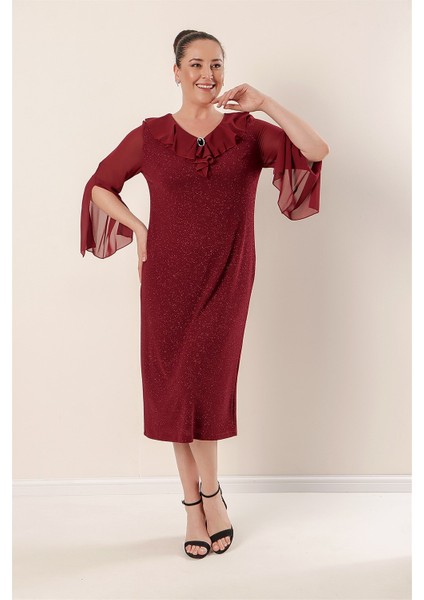 Yaka ve Kollar Şifon Astarlı Likralı Simli Büyük Beden Elbise Bordo modelleri