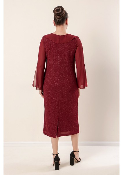 Yaka ve Kollar Şifon Astarlı Likralı Simli Büyük Beden Elbise Bordo fırsatları