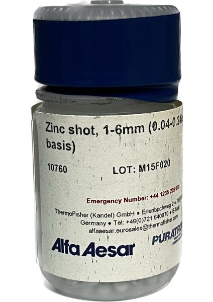 Alfa Aesar 10760 Zinc Shot, 1-6mm (0.04-0.24IN), Puratronic®, 99.9999% (Metals Basis) 50 G Cas No 7440-66-6