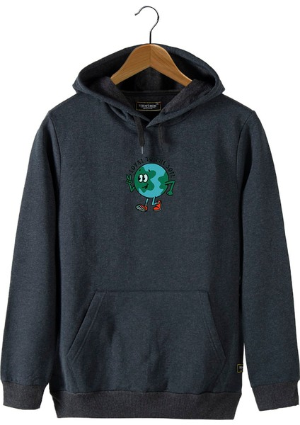 Erkek Antrasit Önü Dünya Baskılı Kapüşonlu Sweatshirt 22K-5200322-1