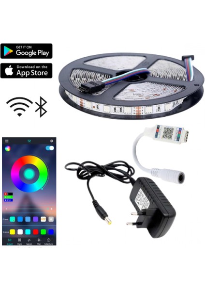 EvimLed Rgb Bluetooth Özellikli 3 Çip 3 Metre 5050 Smd Iç Mekan Slikonsuz Tak Çalıştır Set