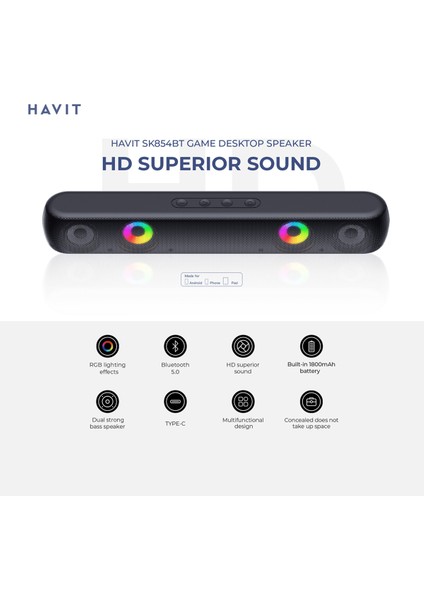 SK854BT Rgb Işıklı Gaming Oyuncu Bluetooth Hoparlör Masaüstü Soundbar