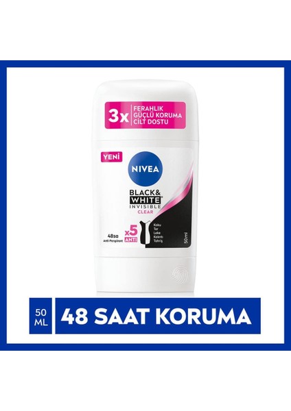 Kadın Stick Deodorant Black & White Invisible Clear 50 ml, 48 Saat Anti-Perspirant Koruma