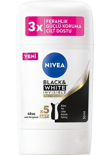 Kadın Stick Deodorant Black & White Invisible Ipeksi Pürüzsüzlük 48 Saat Anti-Perspirant Koruma 50 ml